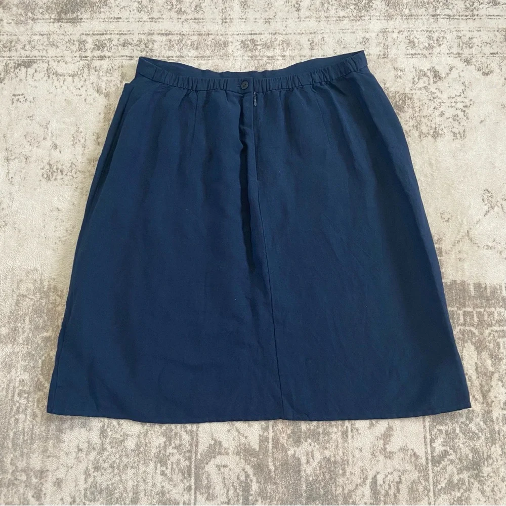 Eileen Fisher Navy Linen Blend Flowy‎ Knee Length Skirt with Pockets Large